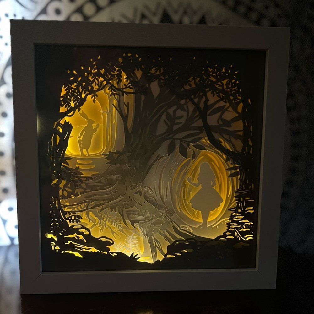 Handcrafted - 8”‎ x 8” Alice in Wonderland Shadow Box - Light Up - Unique Gift - Picture 3 of 11